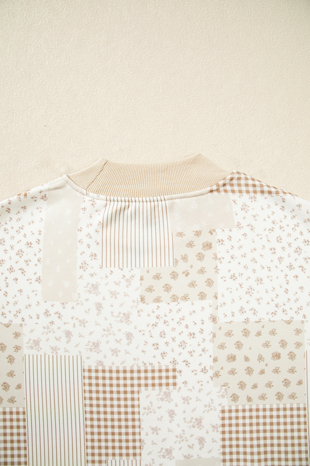 Khaki Patchwork Floral Print Mock Neck Long Sleeve Sweatshirt