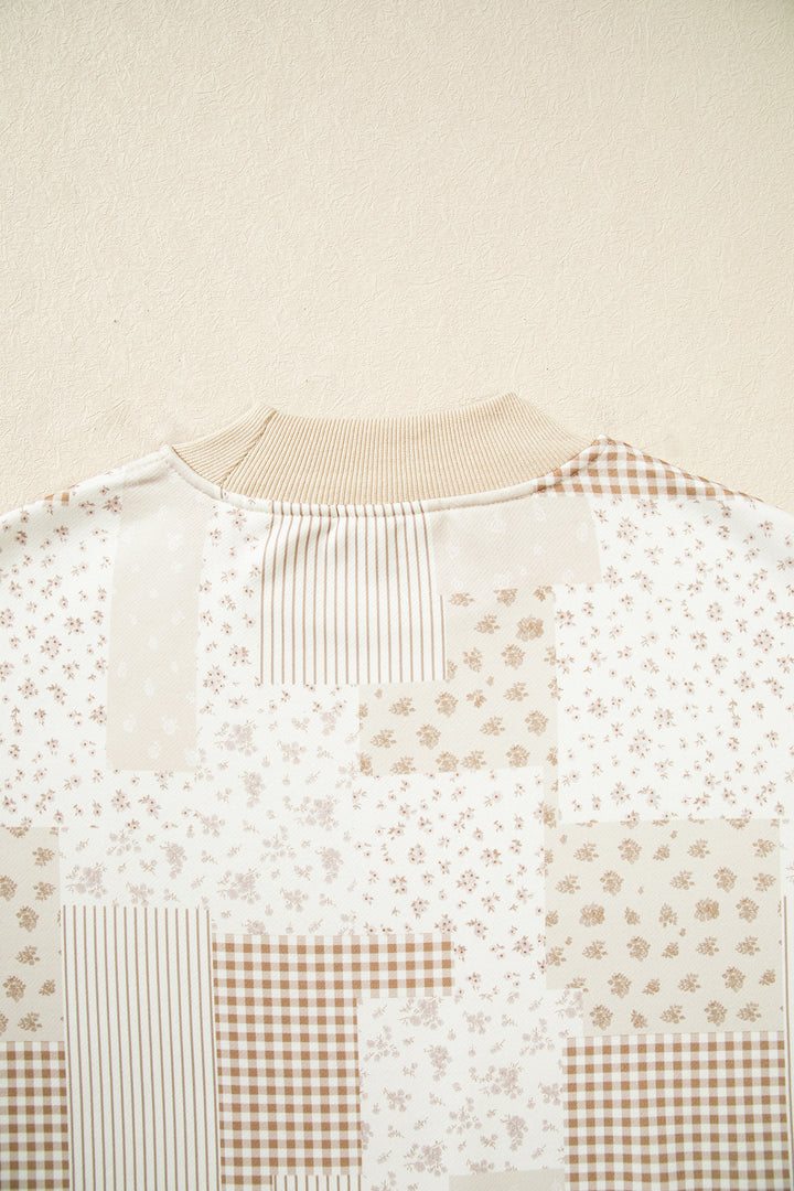 Khaki Patchwork Floral Print Mock Neck Long Sleeve Sweatshirt