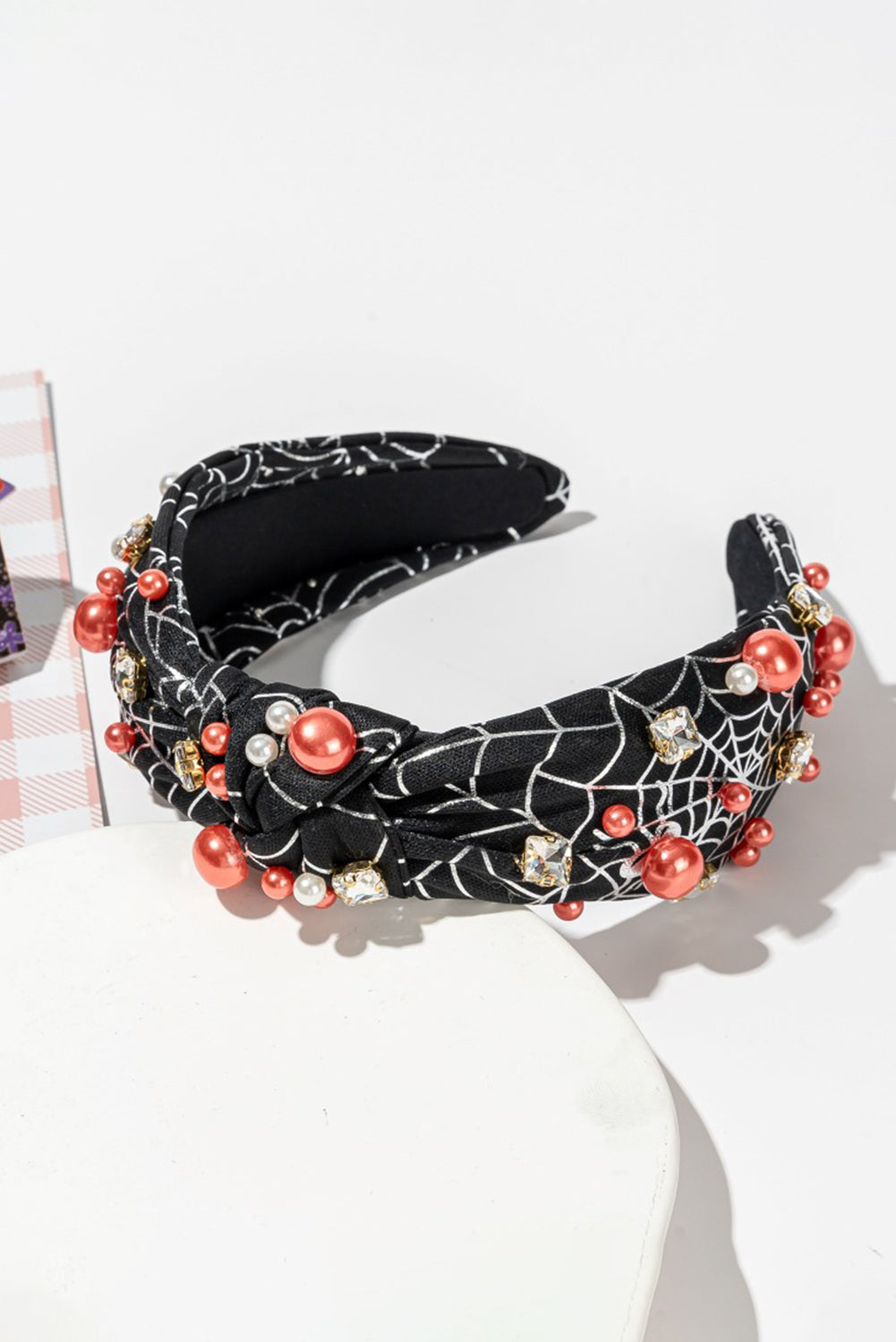 Pearled Rhinestone Knotted Spiderweb Halloween Headband