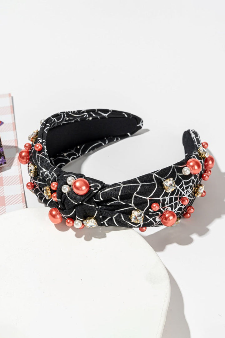 Pearled Rhinestone Knotted Spiderweb Halloween Headband
