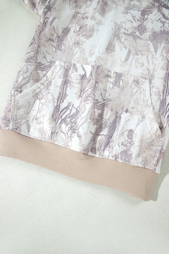 Gray Abstract Print Ribbed Cuffs Hem Long Sleeve Hoodie