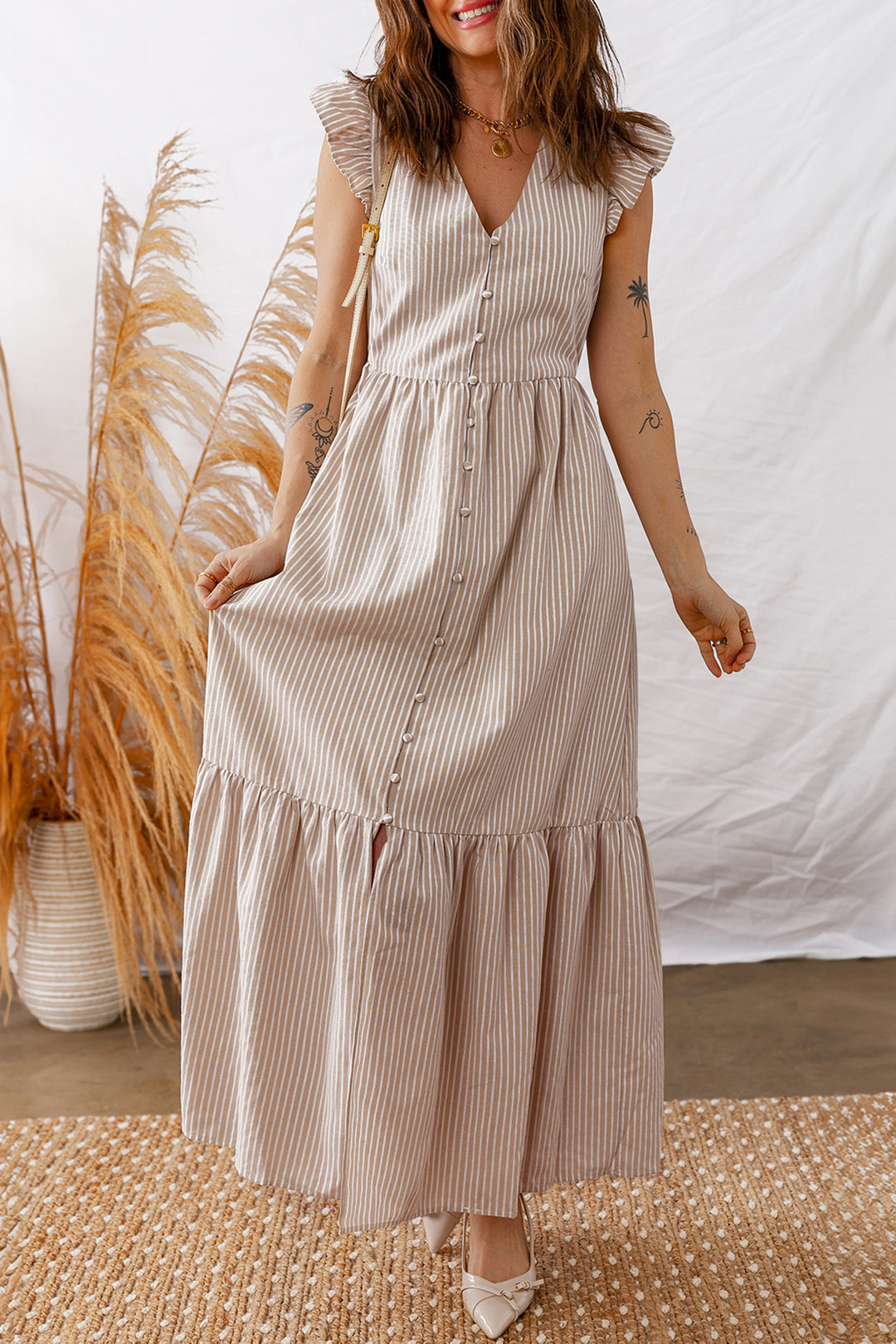 Flutter Sleeve Buttoned Front Slit Maxi Dress