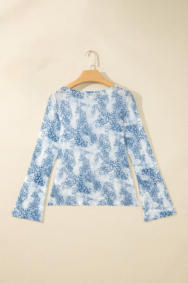 Sky Blue Long Sleeve Leopard Print Round Neck Sheath Top