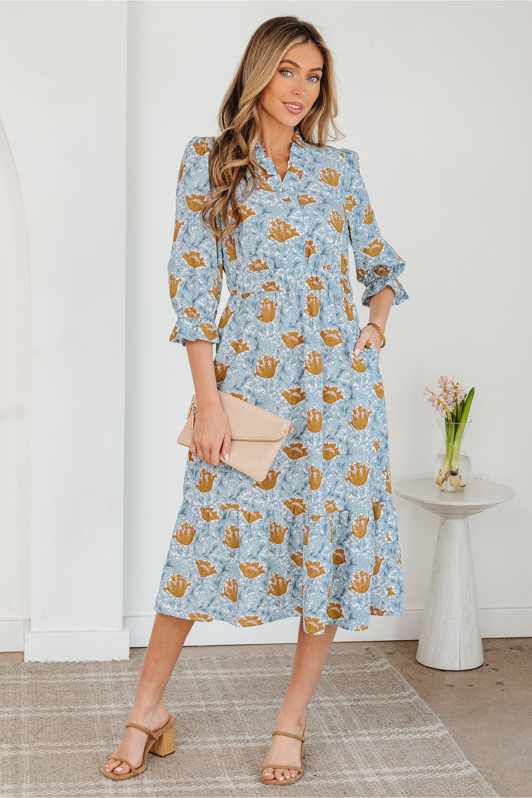 Floral Printed Frilled V Neck Bracelet Sleeve Long Dress