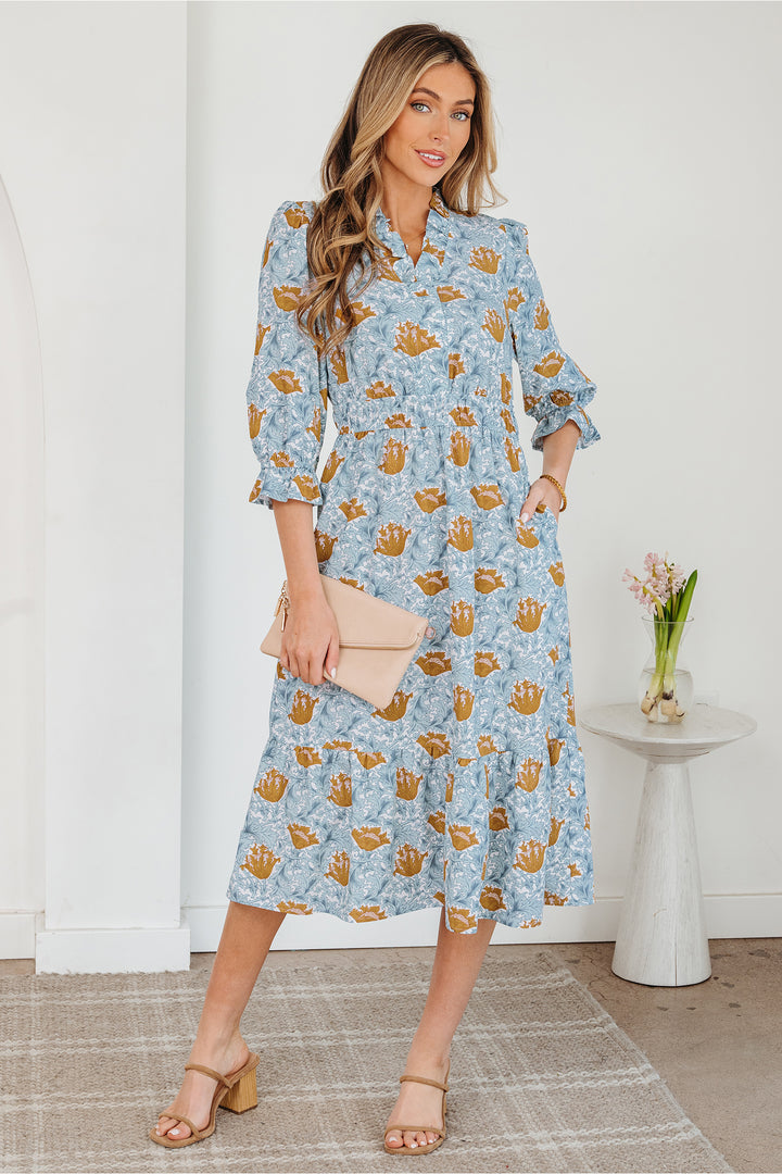 Floral Printed Frilled V Neck Bracelet Sleeve Long Dress
