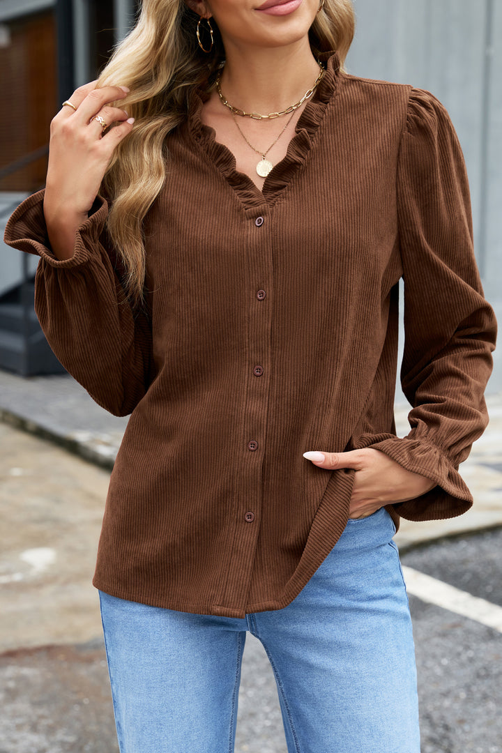 Coffee Solid Color Long Sleeve Button Corduroy Shakcet