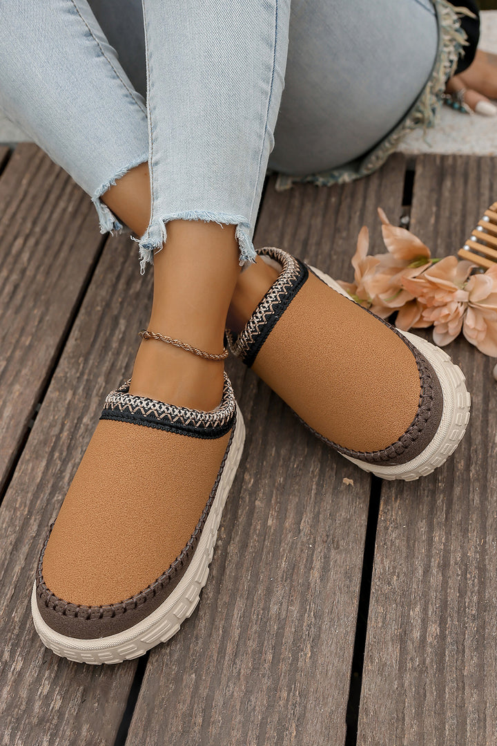 Contrast Stitch Detail Faux Suede PU Patchwork Plush Winter Clog Slippers
