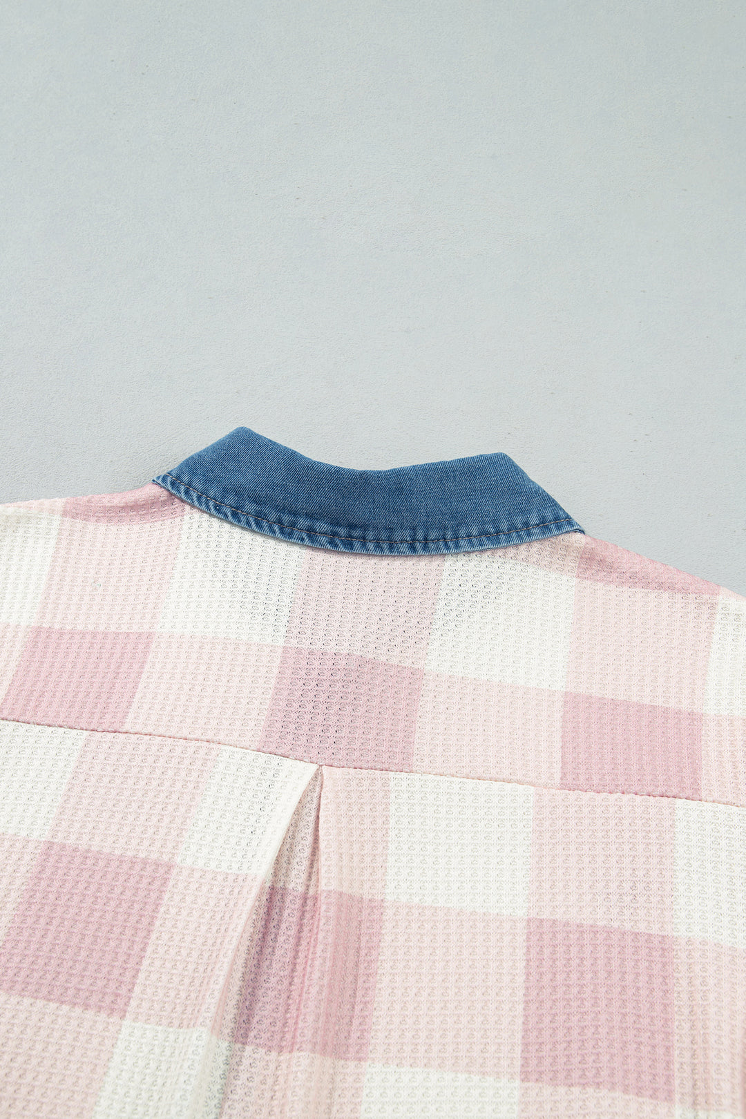 Pink Waffle Plaid Print Contrast Denim Shirt Collar T Shirt Mini Dress