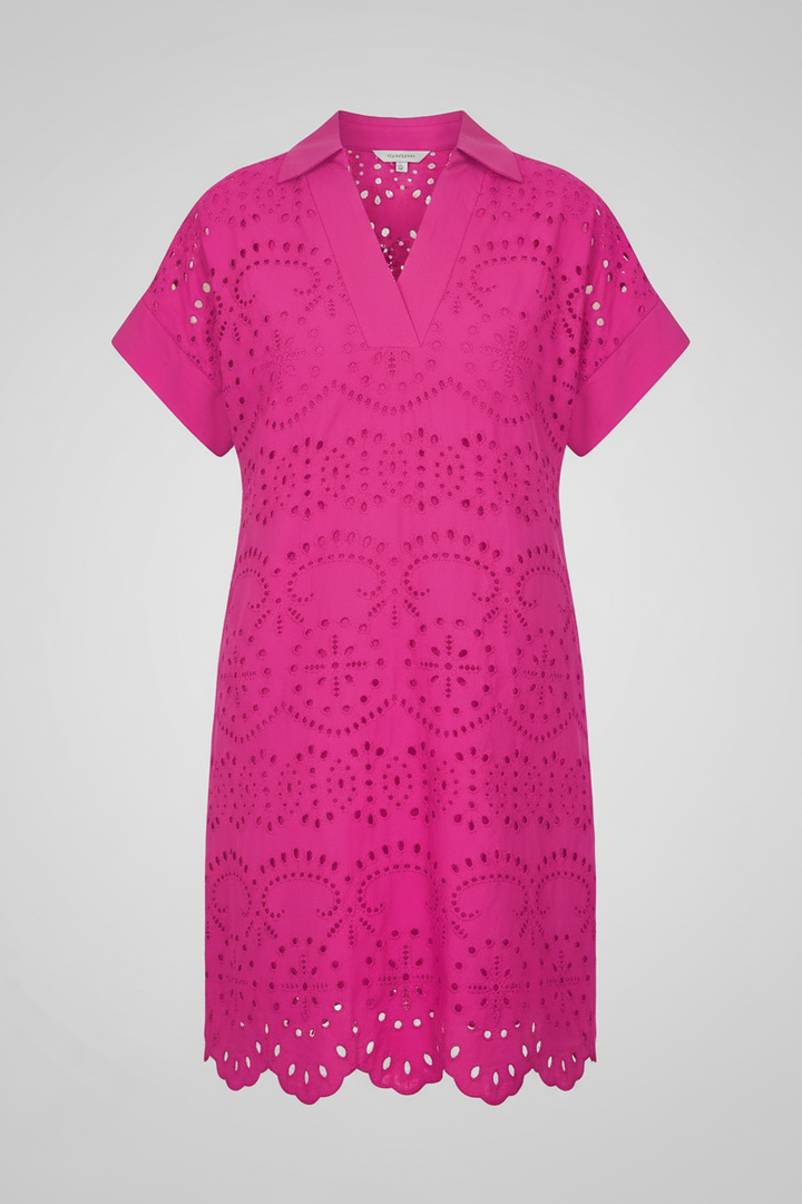 Chic Rose Red Solid Color Eyelet Embroidered Mini Dress