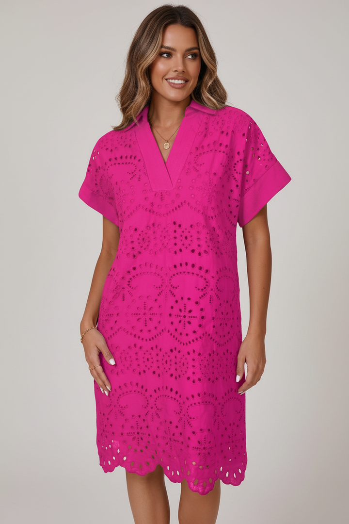 Chic Rose Red Solid Color Eyelet Embroidered Mini Dress