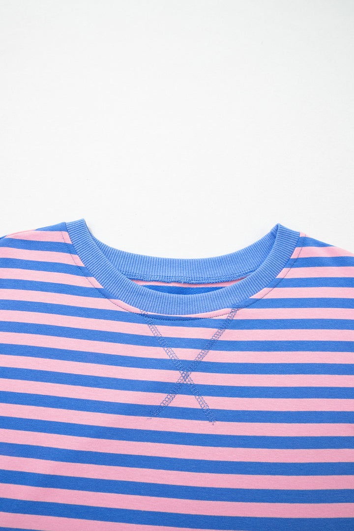 Blue Stripe Relaxed Short Sleeve Top Elastic Waist Skort 2pcs Set