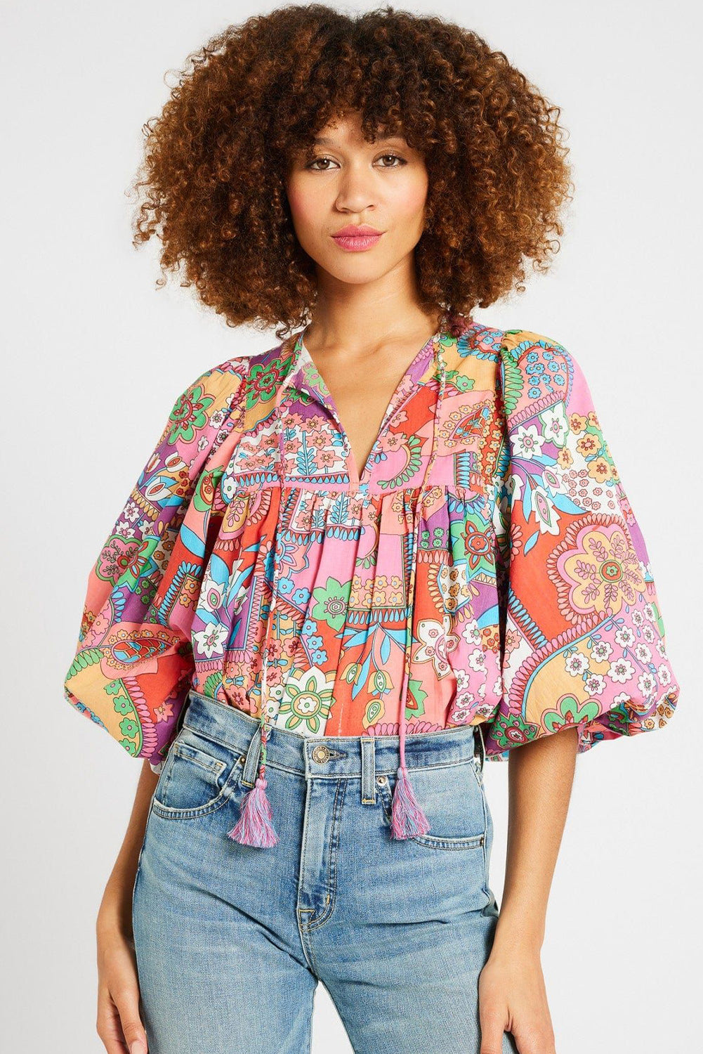 Boho Floral Bubble Sleeve Tassel Tied Neck Pleated Blouse