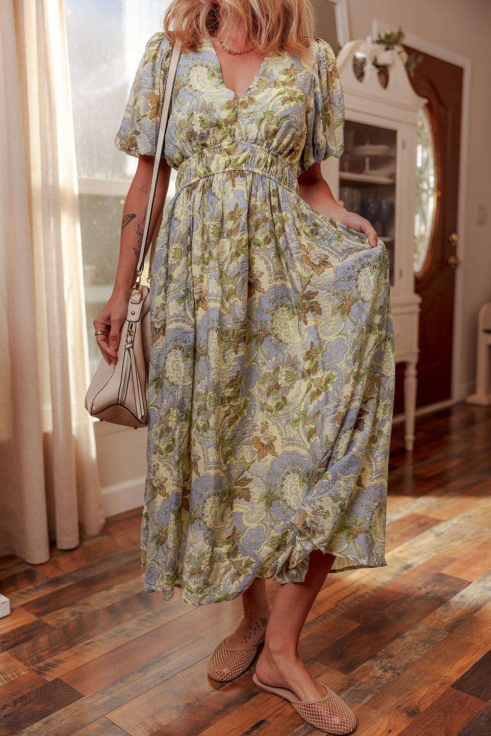 Vintage Floral V Neck Short Puff Sleeve Long Dress