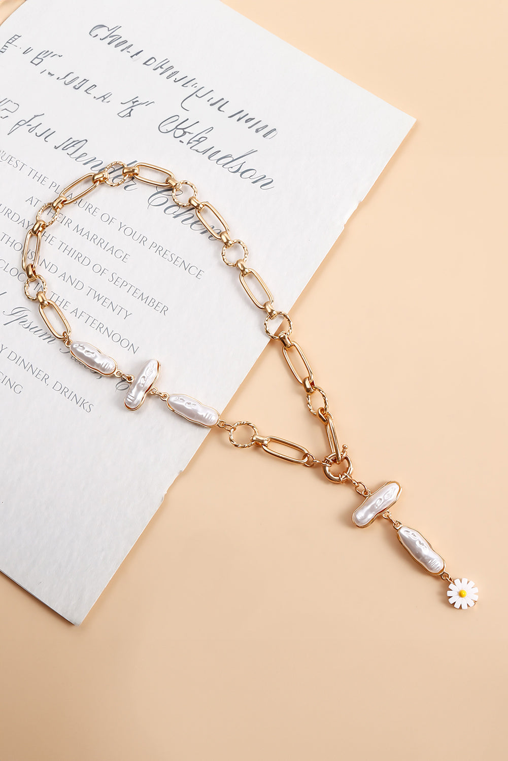 Faux Pearl Daisy Jointed Chain Choker Necklace