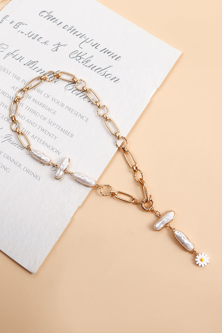 Faux Pearl Daisy Jointed Chain Choker Necklace