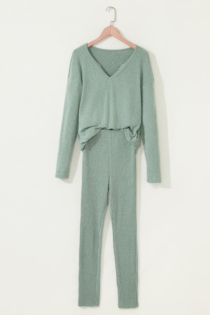 Grass Green Ribbed Notched Neck Knit Long Sleeve Leggings Two Pieces Lounge Set