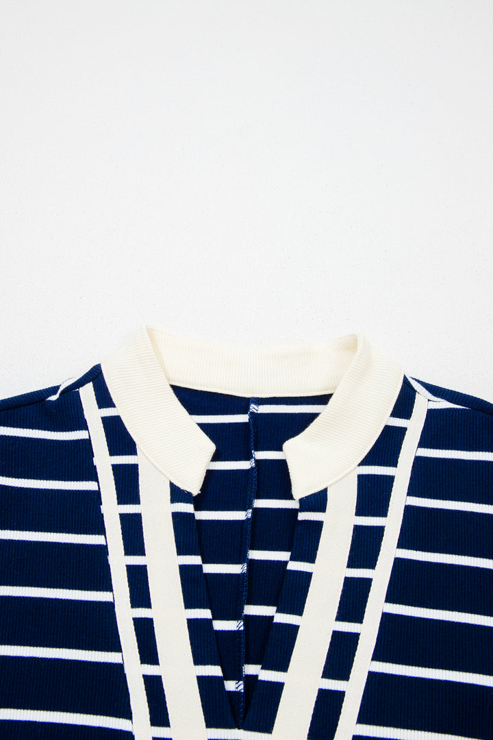 Blue Stripe Stand Collar V Neck Elastic Cuffs Half Sleeve Dolman Top