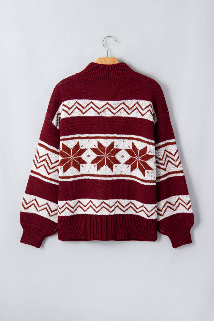 Red Geometric Pattern Zip-Up Knit Regular Fit Cardigan
