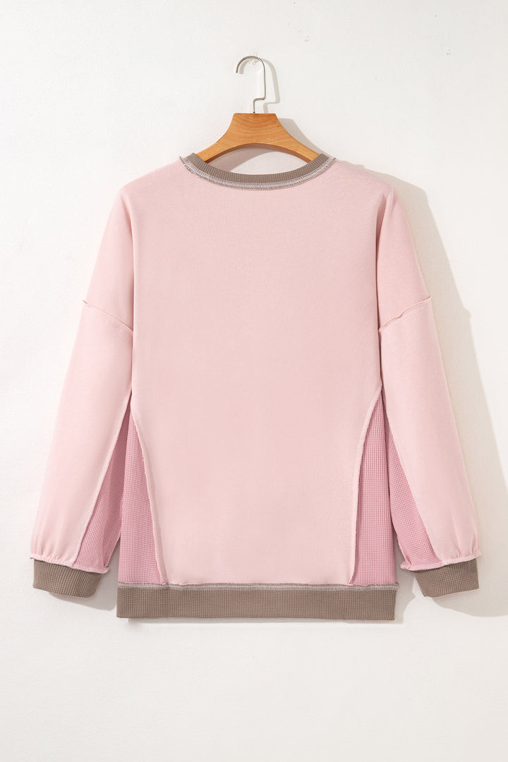Light Pink Plus Color Block Waffle Patchwork Exposed Seam Baggy Sweatshirt