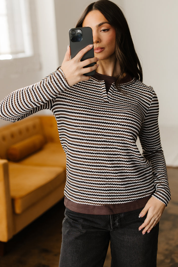 Faux Two Piece Textured Striped Round Neck Long Sleeve T Shirt
