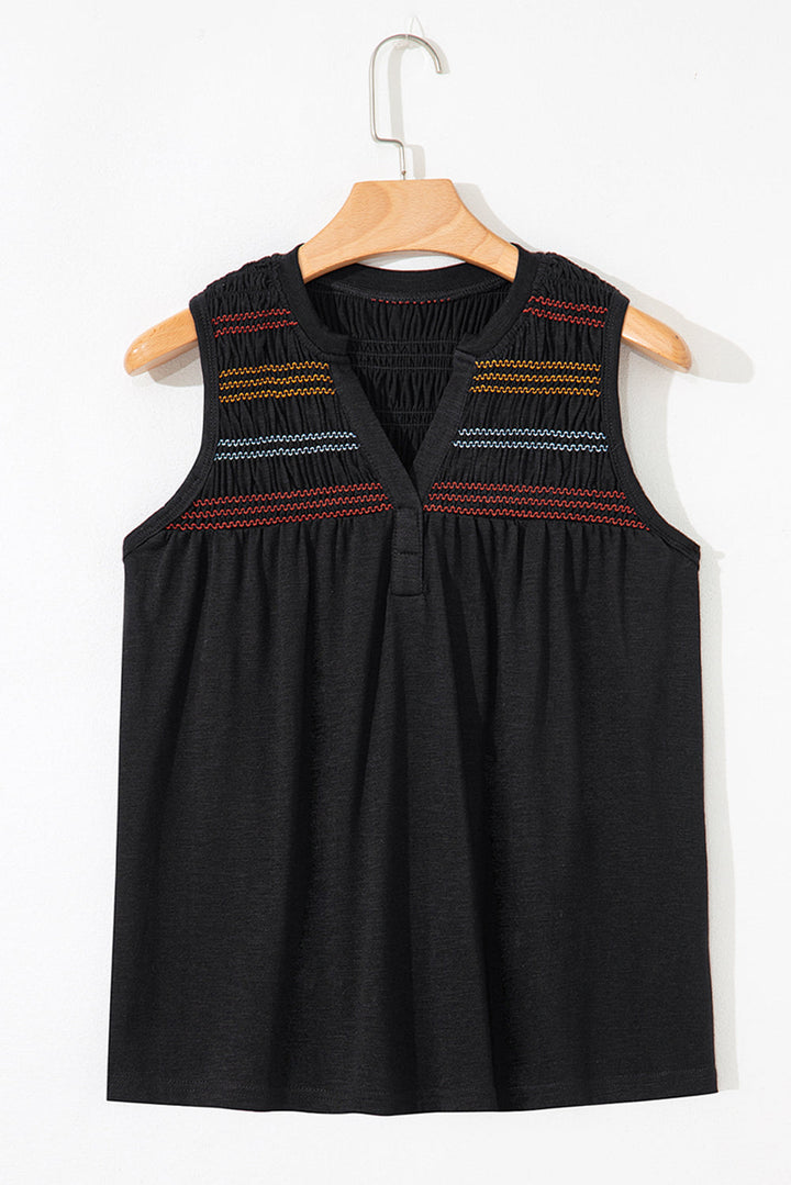 colorful shirred yoke notched v neck tank top