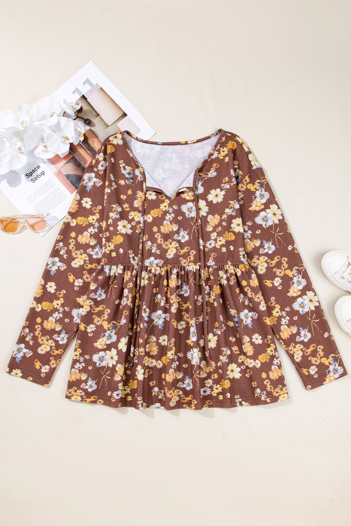 Khaki Floral Textured Tied Neck Long Sleeve Plus Size Babydoll Blouse