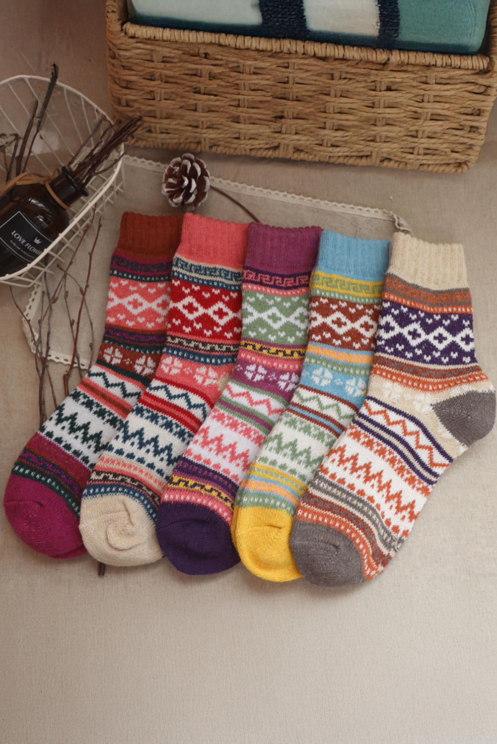 Lot de 5 paires de chaussettes mi-mollet souples à motif bohème