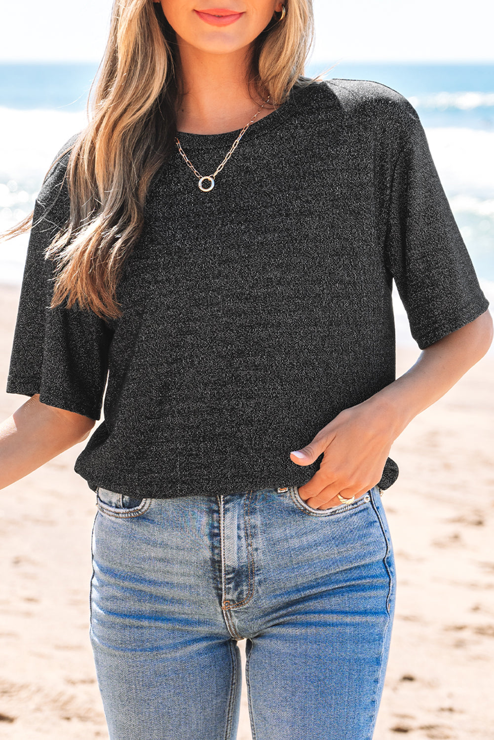 Bow Decor Glittery Short Sleeve Top
