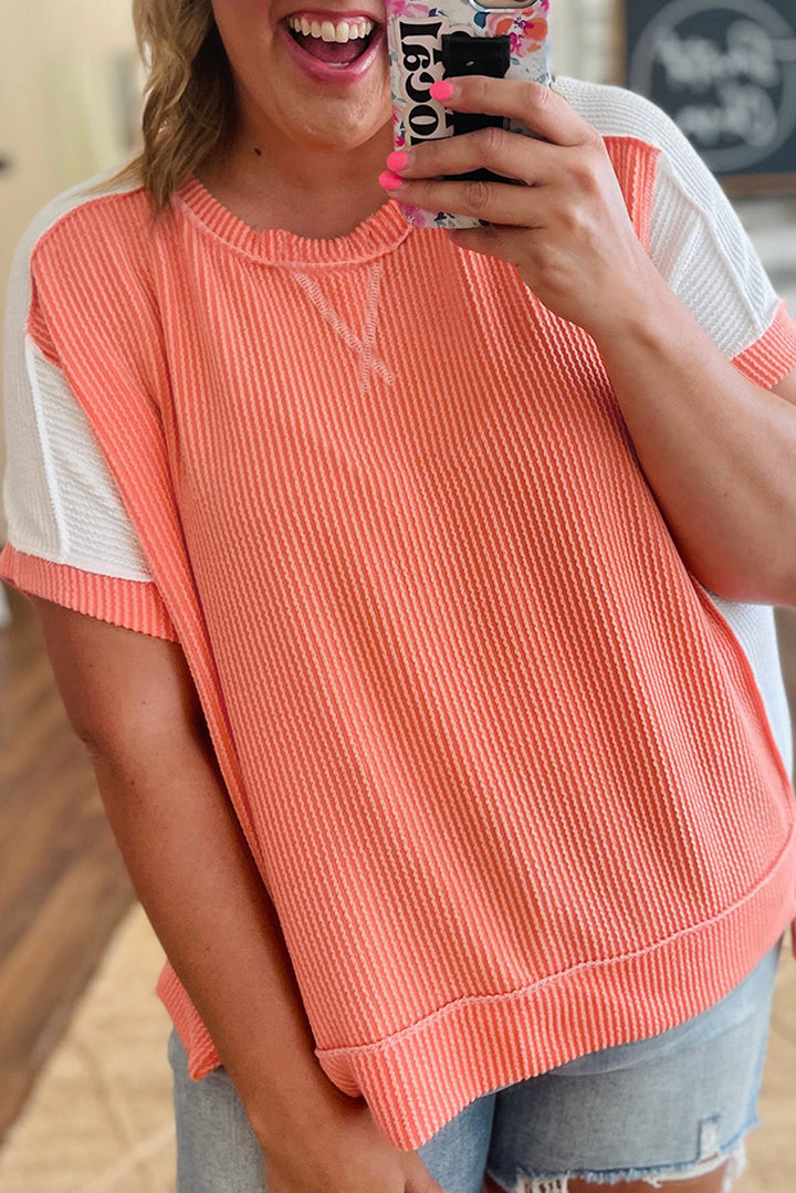 Carrot Twist Rib Colorblock Hi Low Plus Size Short Sleeve Top