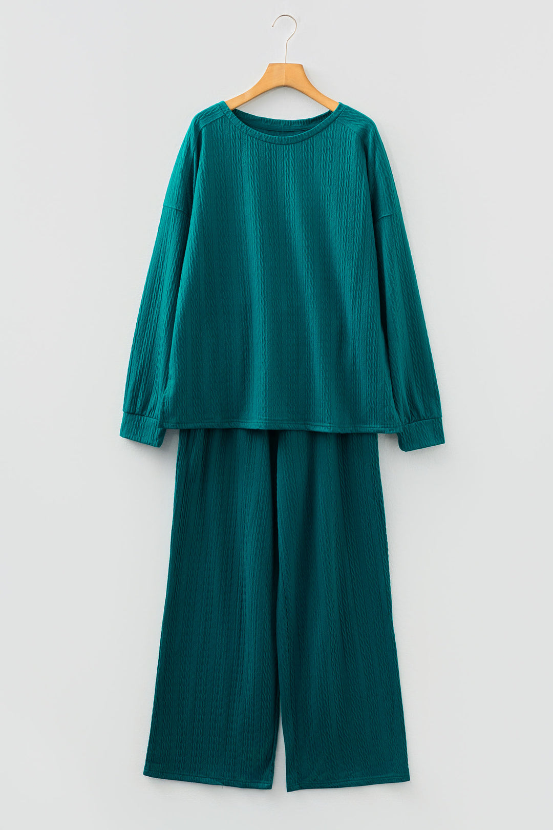 Sea Green Textured Round Neck Sweatshirt &amp; Loose Drawstring High Waist Pant Set