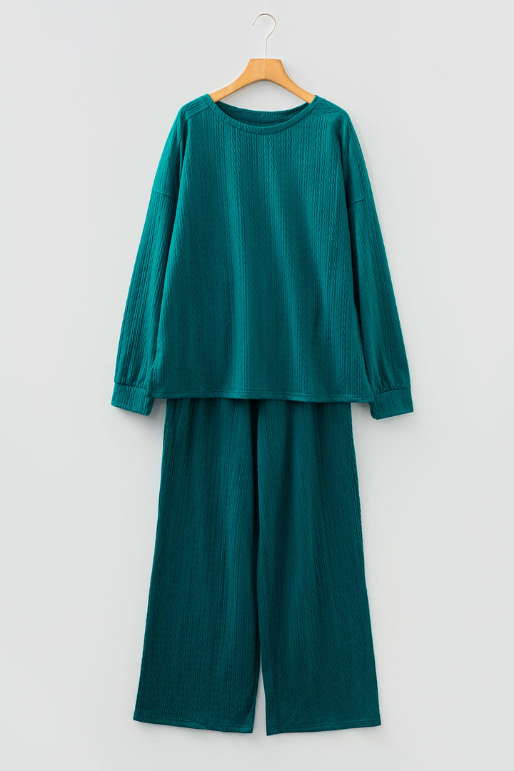 Sea Green Textured Round Neck Sweatshirt &amp; Loose Drawstring High Waist Pant Set