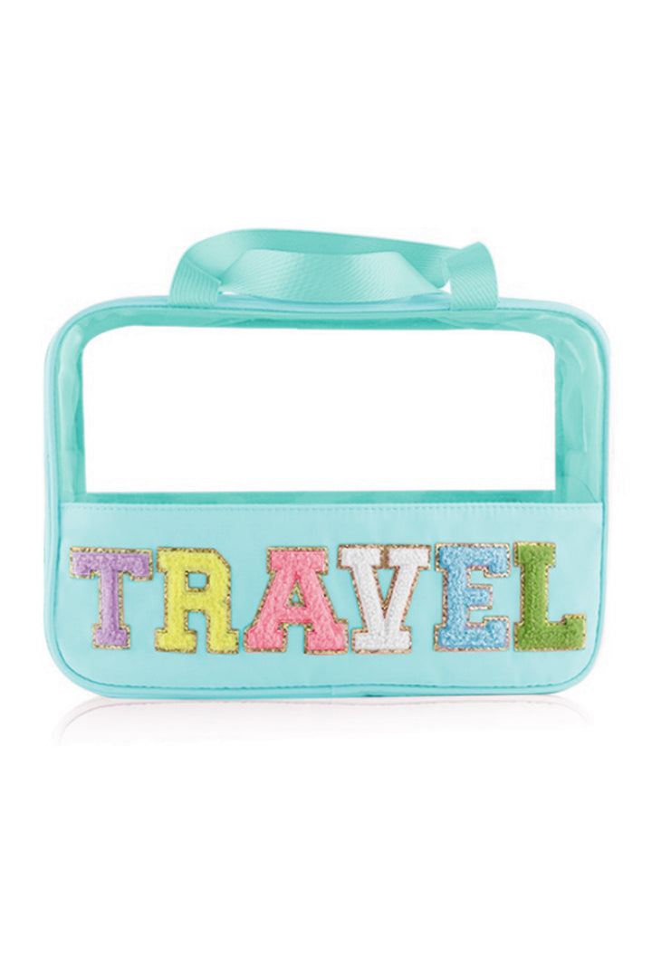 Trousse de maquillage TRAVEL en PVC transparent avec lettres en chenille