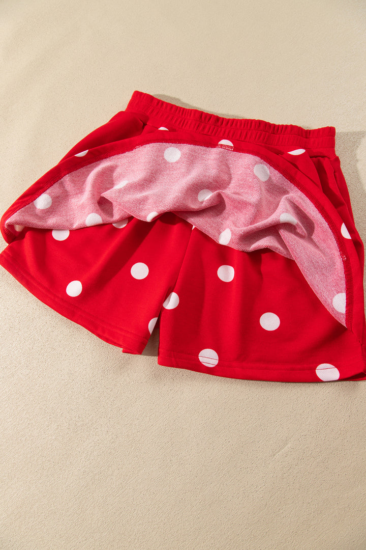 Red Polka Dot Raw Hem Relaxed Pullover Loose Skort Two Piece Set