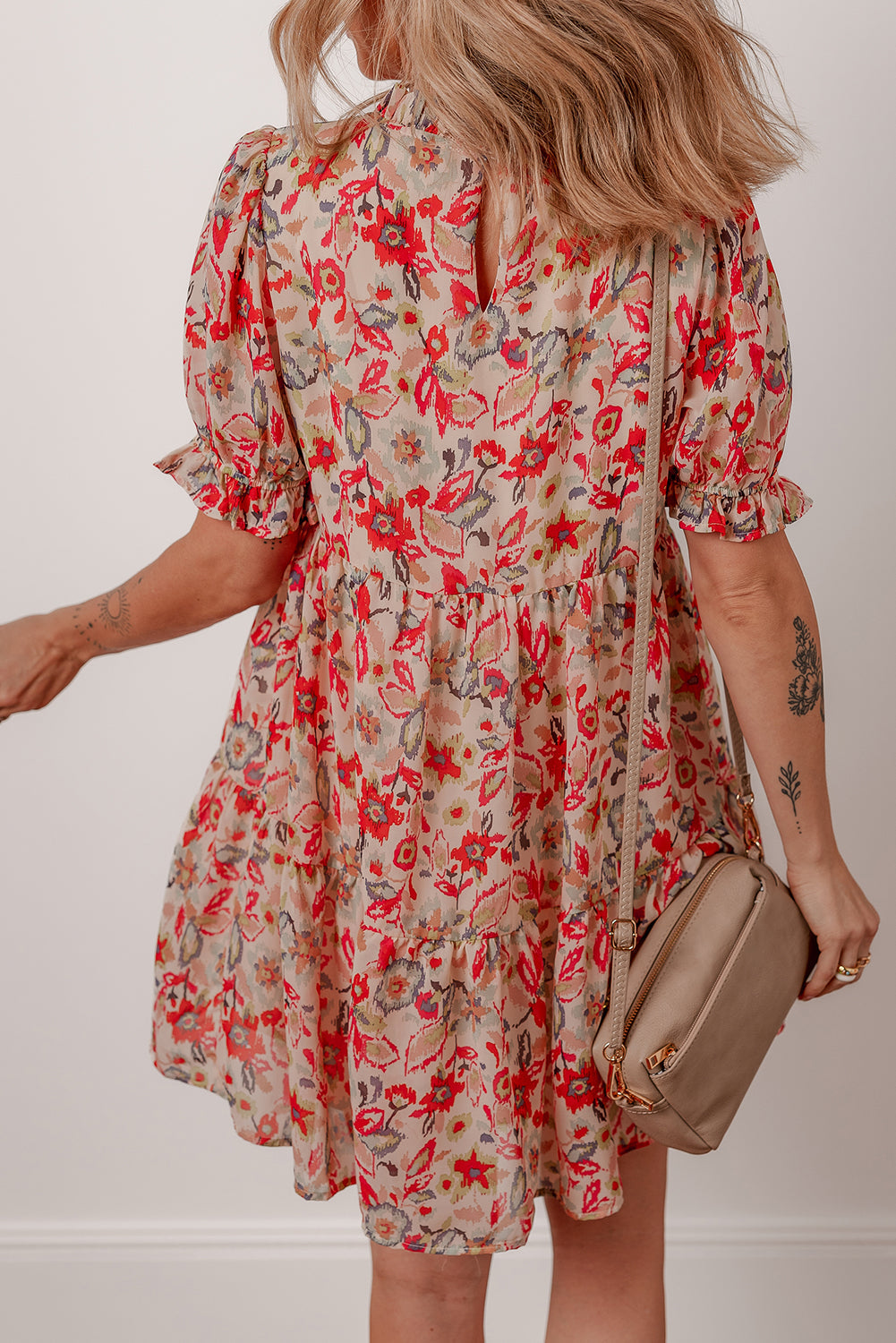 floral print frilled neck puff sleeve high waist dress