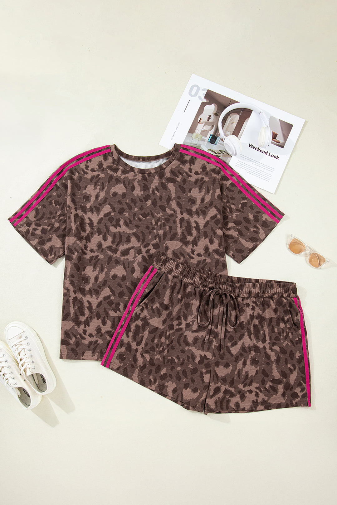 Brown Retro Leopard Print Plus Size 2pcs Short Set