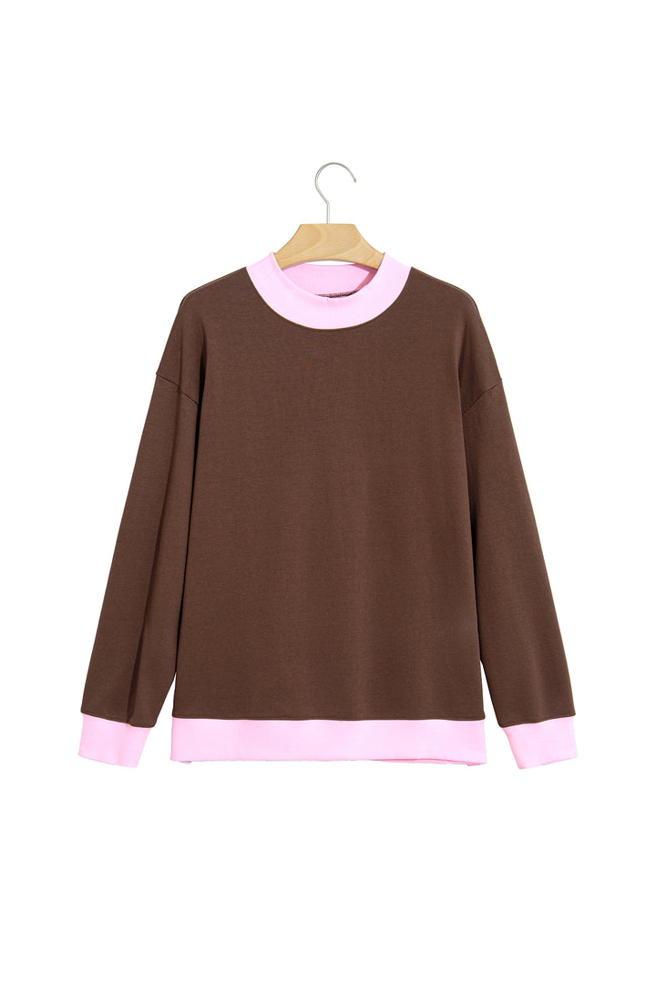 Coffee Colorblock Trim Crewneck Long Sleeve Pullover Sweatshirt