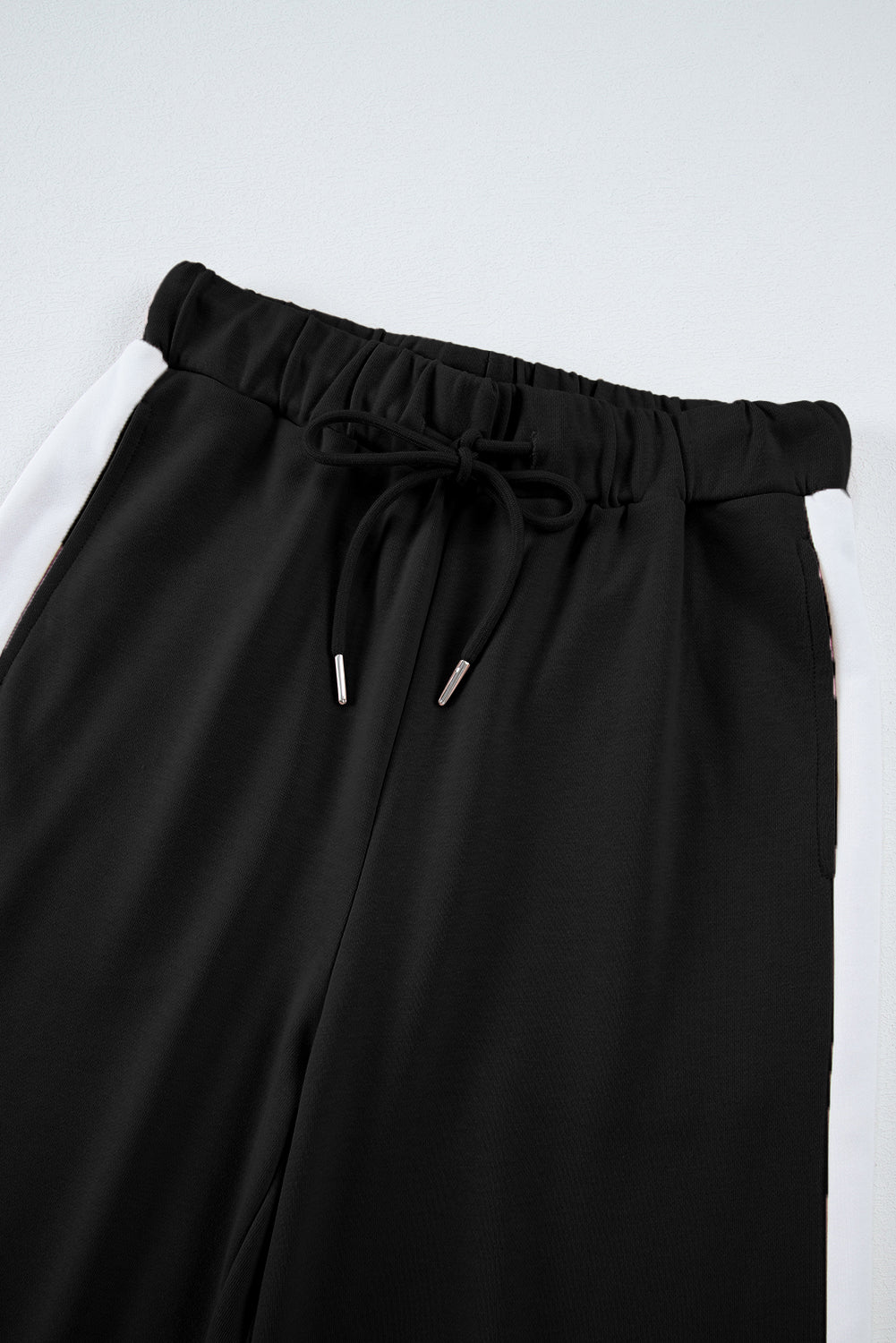 Black Varsity Stripe Patchwork Puff Sleeve Pullover Drawstring Wide Leg Pant Set