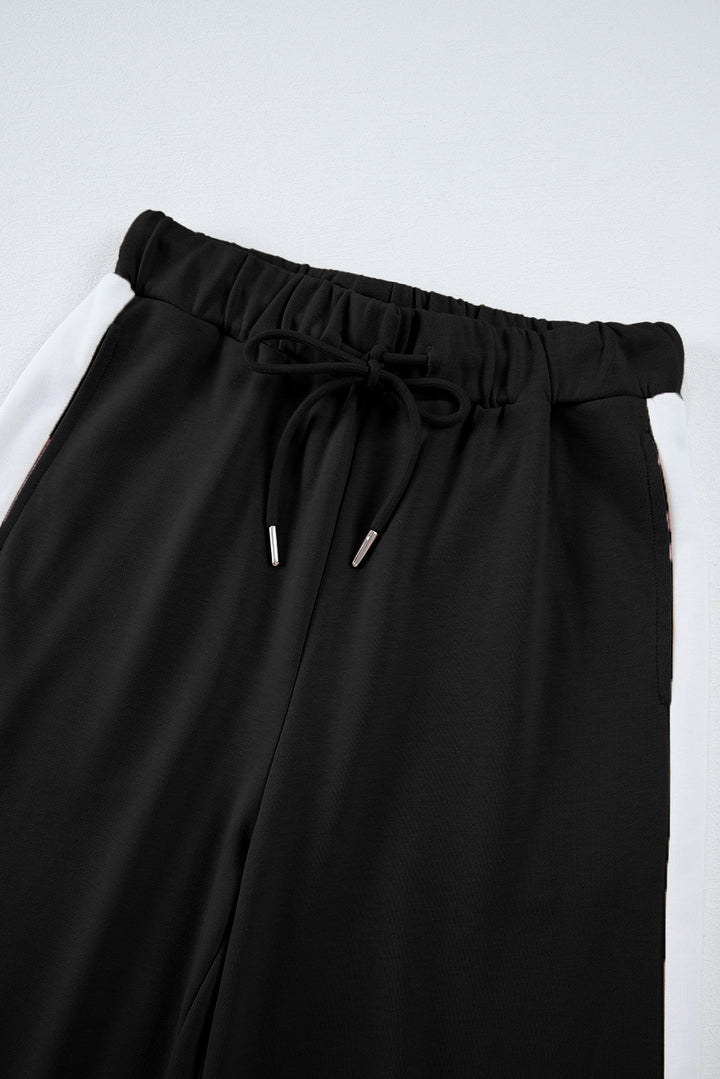 Black Varsity Stripe Patchwork Puff Sleeve Pullover Drawstring Wide Leg Pant Set