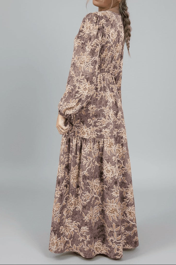 Brown Floral Print Smocked High Waist Long Sleeve Maxi Dress