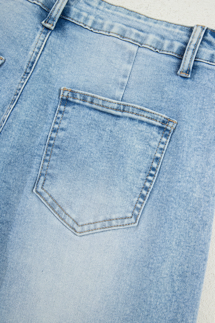 Beau Blue Flower Patched Light Wash Cropped High Waist Barrel Jeans
