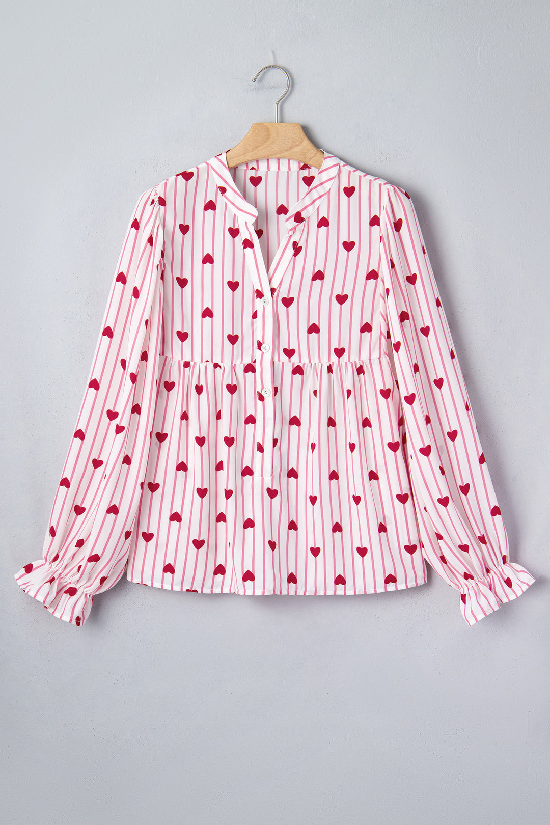 Textured Heart Print Long Flounce Sleeve Shirt