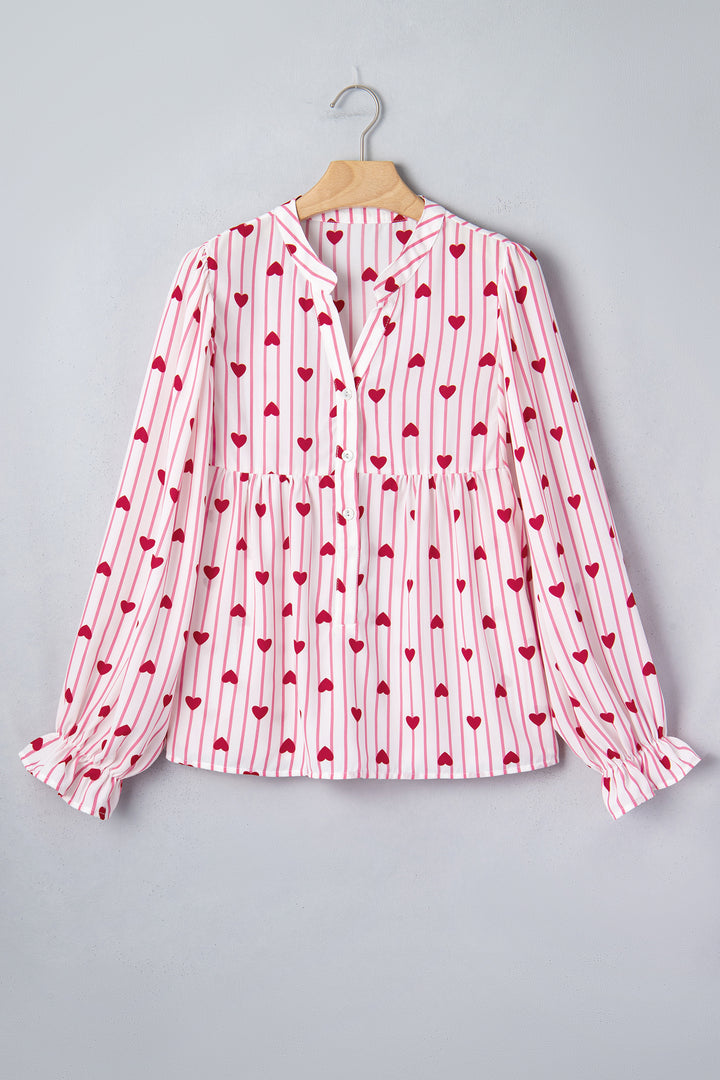 Textured Heart Print Long Flounce Sleeve Shirt