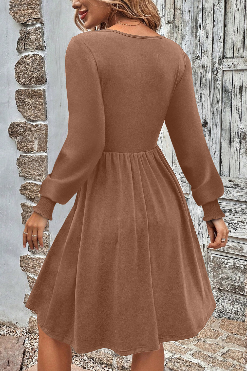 Chestnut Shirred Cuff Long Sleeve Button Mini Dress