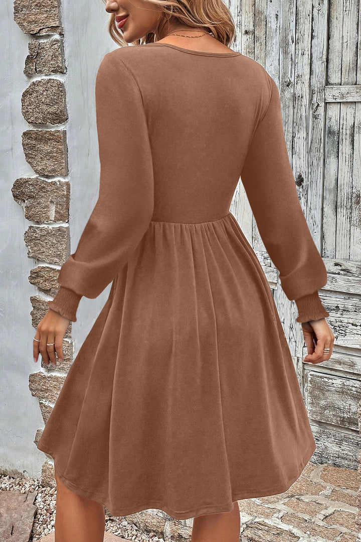 Chestnut Shirred Cuff Long Sleeve Button Mini Dress