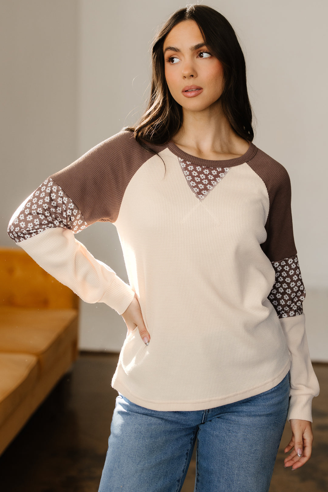 Floral Print Patchwork Color Block Long Sleeve Top