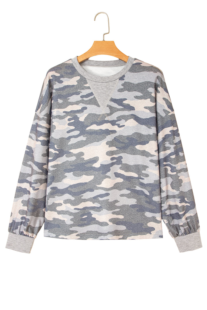 Multicolour Camouflage Long Sleeve Round Neck Shift Pullover Top