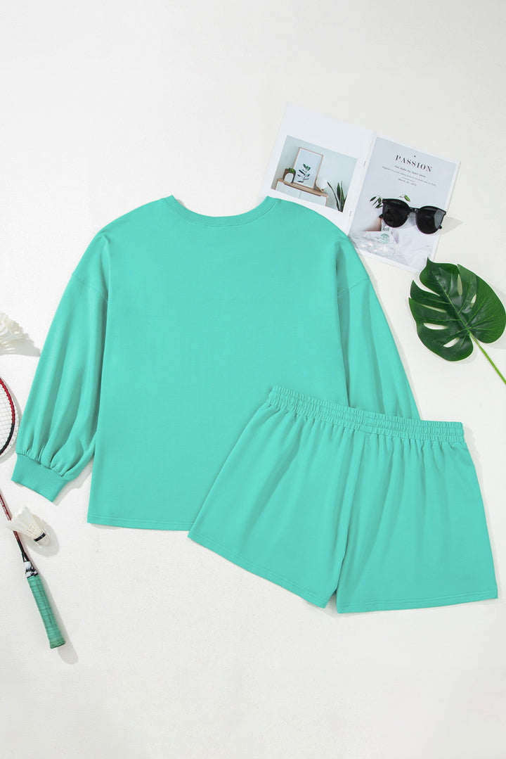 Sea GreenV Neck Pullover Top and Drawstring Short Plus Size Set
