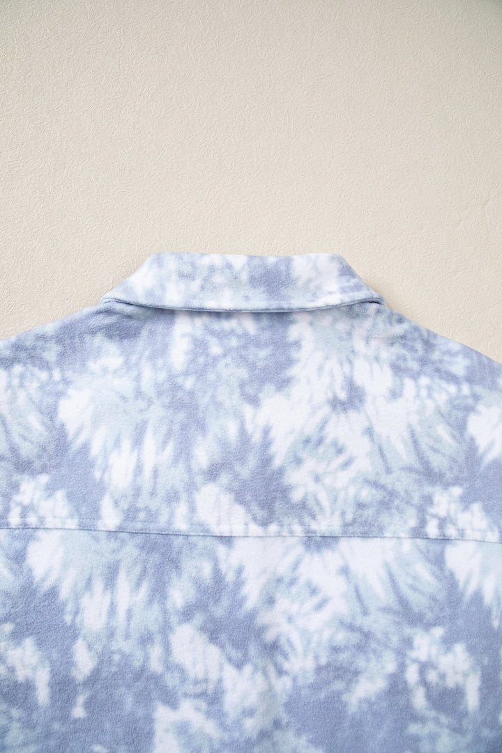 Gray Abstract Print Fuzzy Collar Long Sleeve Patch Pocket Tunic Jacket