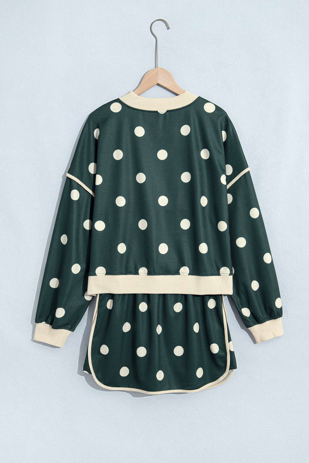 Green Polka Dot Print Trim Baggy Pullover Drawstring Skirt 2pcs Set