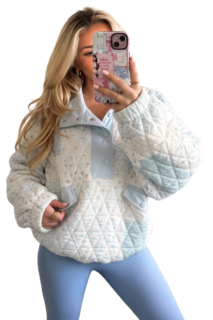 Multicolour Floral Quilted Half Button Pocketed Pullover Sweatshirt
